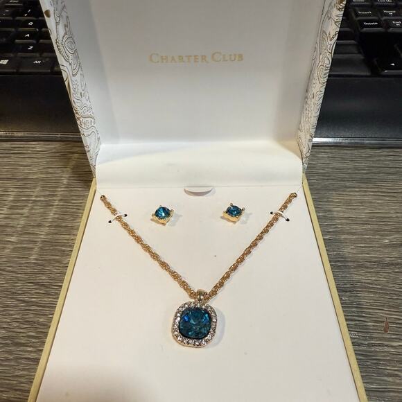 Charter Club Blue Gold Necklace and Earring Set NIB - Picture 1 of 8